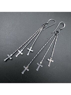 Vintage Sterling Silver Triple Bar Cross Dangle Earrings Gothic 3"